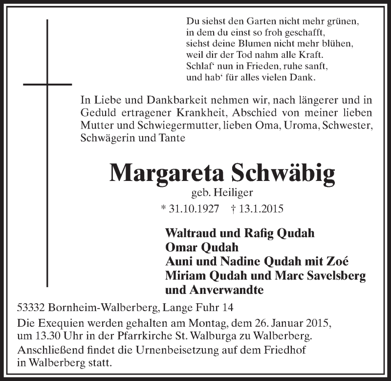  Traueranzeige für Margareta Schwäbig vom 21.01.2015 aus  Schlossbote/Werbekurier 