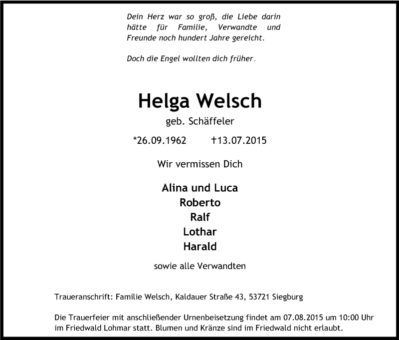  Traueranzeige für Helga Welsch vom 01.08.2015 aus Kölner Stadt-Anzeiger / Kölnische Rundschau / Express
