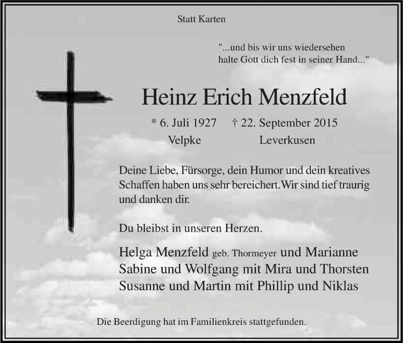  Traueranzeige für Heinz Erich Menzfeld vom 30.09.2015 aus Kölner Stadt-Anzeiger / Kölnische Rundschau / Express