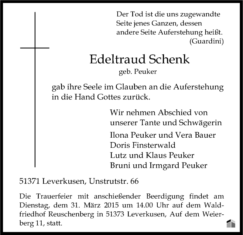  Traueranzeige für Edeltraud Schenk vom 28.03.2015 aus Kölner Stadt-Anzeiger / Kölnische Rundschau / Express