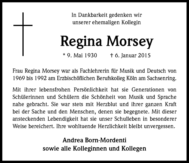  Traueranzeige für Regina Morsey vom 17.01.2015 aus Kölner Stadt-Anzeiger / Kölnische Rundschau / Express