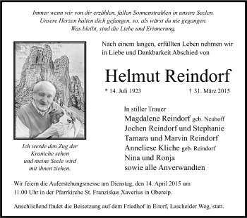 Anzeige von Helmut Reindorf von Kölner Stadt-Anzeiger / Kölnische Rundschau / Express