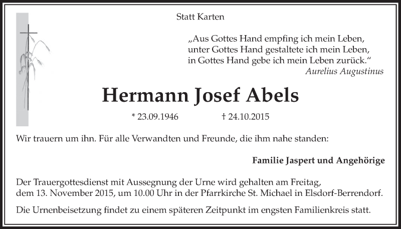  Traueranzeige für Hermann Josef Abels vom 07.11.2015 aus  Sonntags-Post 
