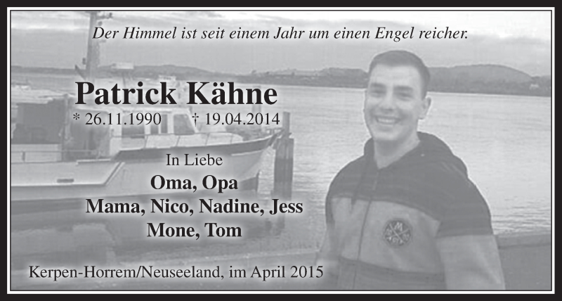  Traueranzeige für Patrick Kähne vom 18.04.2015 aus  Sonntags-Post 