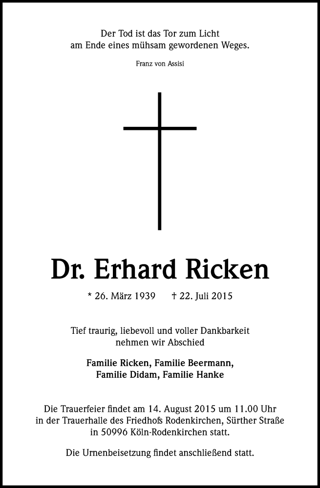  Traueranzeige für Erhard Ricken vom 01.08.2015 aus Kölner Stadt-Anzeiger / Kölnische Rundschau / Express