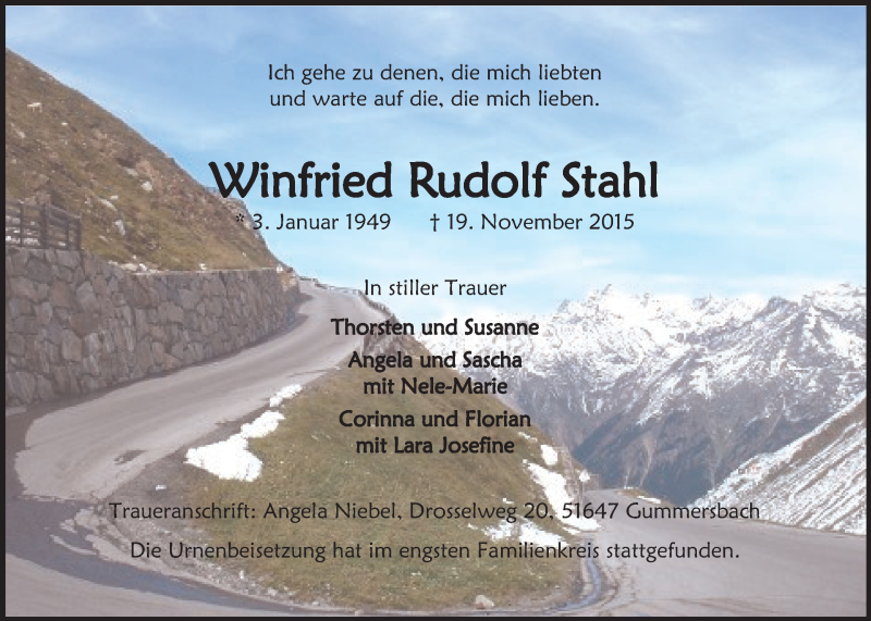 Traueranzeige für Winfried Rudolf Stahl vom 09.12.2015 aus  Anzeigen Echo 