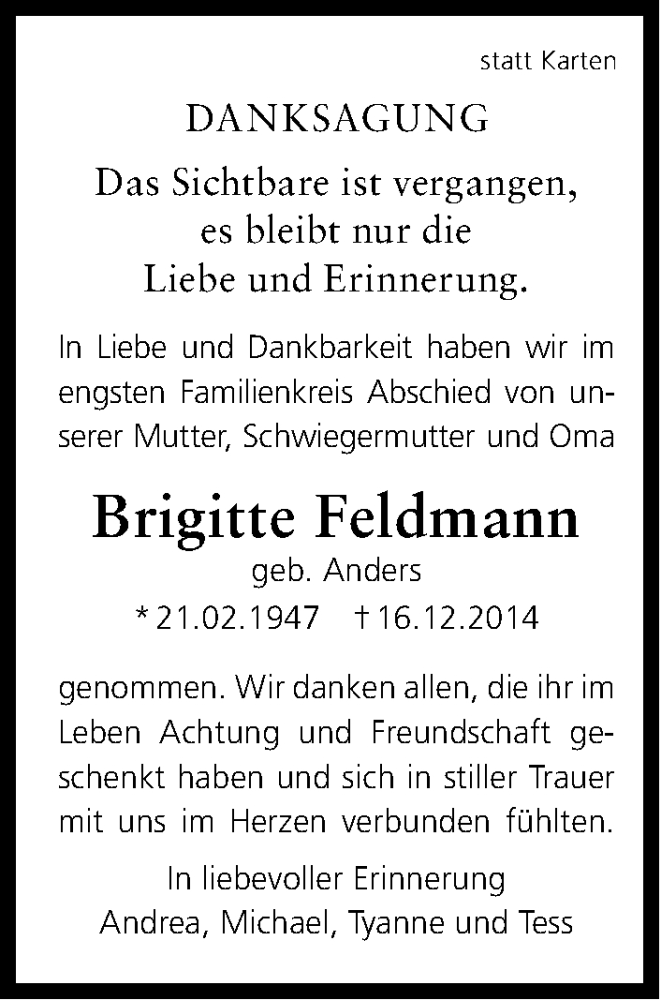 Traueranzeige für Brigitte Feldmann vom 31.01.2015 aus Kölner Stadt-Anzeiger / Kölnische Rundschau / Express
