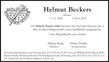 Anzeige von Helmut Beckers von Kölner Stadt-Anzeiger / Kölnische Rundschau / Express