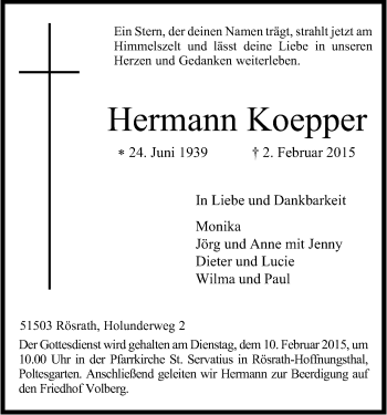 Anzeige von Hermann Koepper von Kölner Stadt-Anzeiger / Kölnische Rundschau / Express