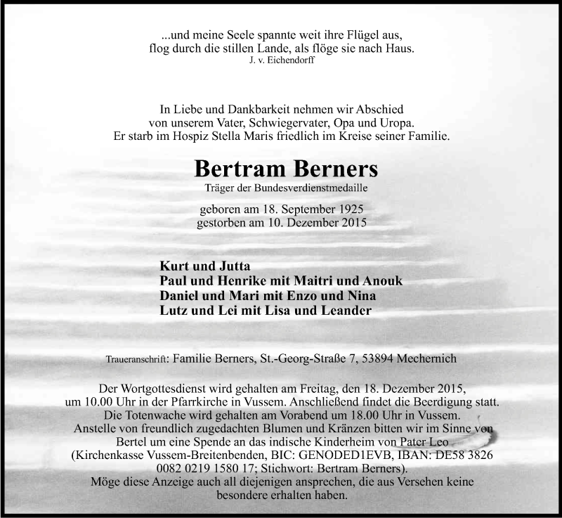  Traueranzeige für Bertram Berners vom 15.12.2015 aus Kölner Stadt-Anzeiger / Kölnische Rundschau / Express