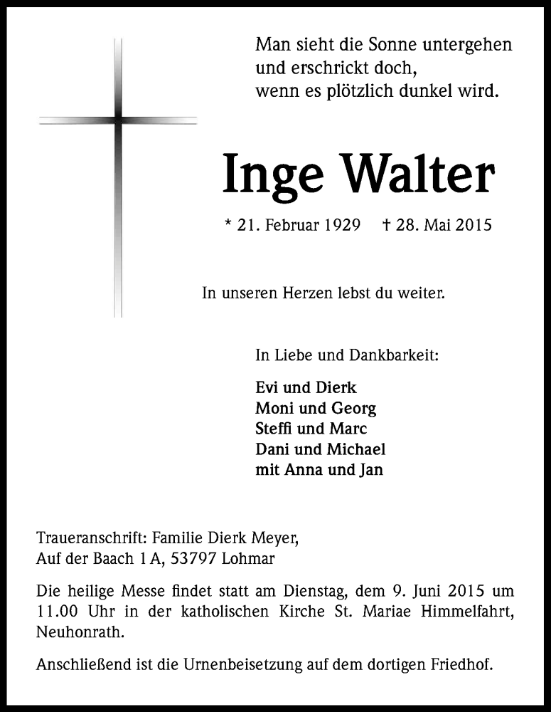  Traueranzeige für Inge Walter vom 03.06.2015 aus Kölner Stadt-Anzeiger / Kölnische Rundschau / Express