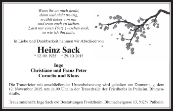 Anzeige von Heinz Sack von  Wochenende 