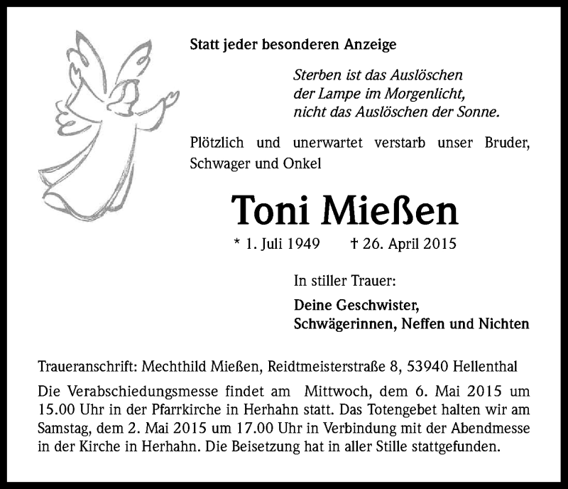  Traueranzeige für Toni Mießen vom 02.05.2015 aus Kölner Stadt-Anzeiger / Kölnische Rundschau / Express