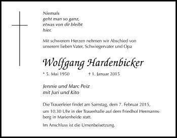 Anzeige von Wolfgang Hardenbicker von Kölner Stadt-Anzeiger / Kölnische Rundschau / Express