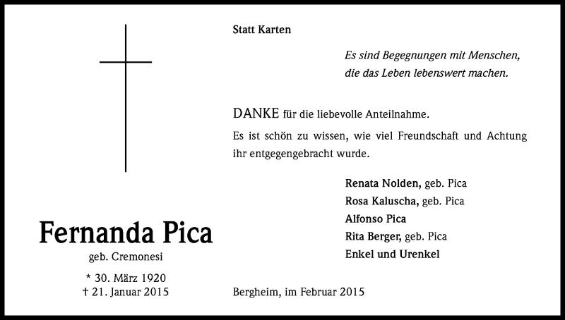  Traueranzeige für Fernanda Pica vom 07.02.2015 aus Kölner Stadt-Anzeiger / Kölnische Rundschau / Express