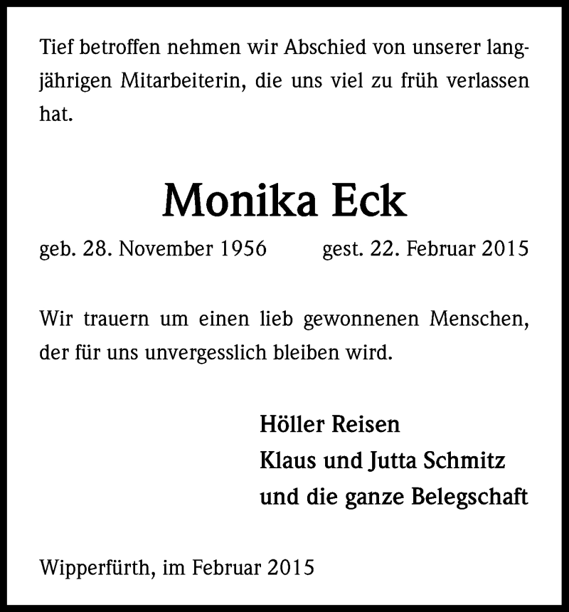  Traueranzeige für Monika Eck vom 28.02.2015 aus Kölner Stadt-Anzeiger / Kölnische Rundschau / Express