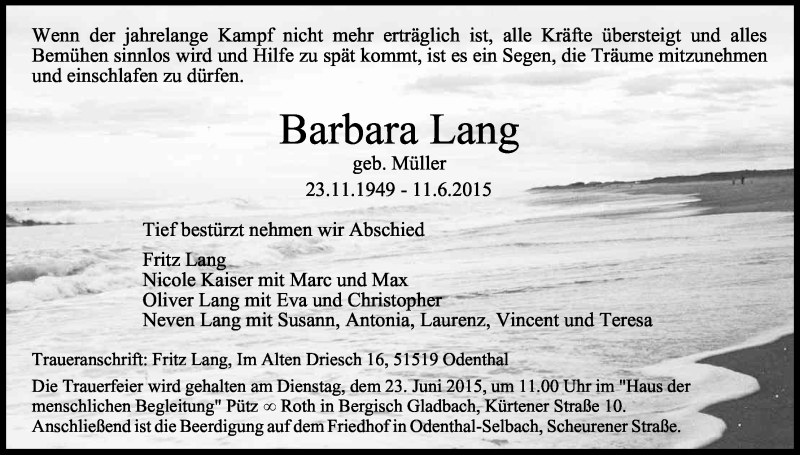  Traueranzeige für Barbara Lang vom 18.06.2015 aus Kölner Stadt-Anzeiger / Kölnische Rundschau / Express