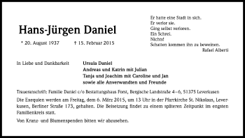Anzeige von Hans-Jürgen Daniel von Kölner Stadt-Anzeiger / Kölnische Rundschau / Express
