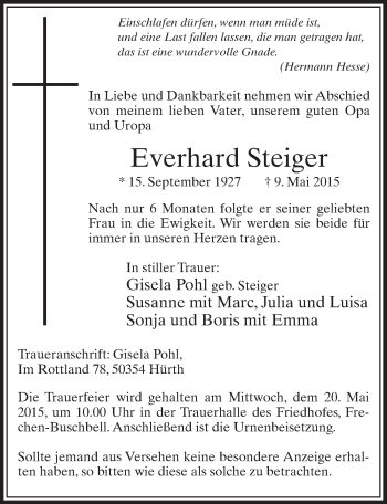 Anzeige von Everhard Steiger von  Sonntags-Post 