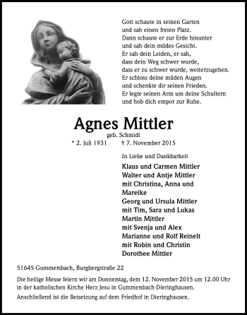 Anzeige von Agnes Mittler von Kölner Stadt-Anzeiger / Kölnische Rundschau / Express