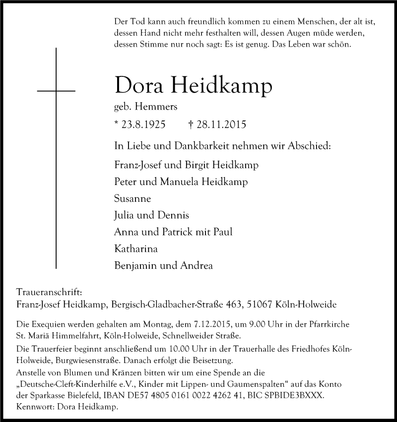  Traueranzeige für Dora Heidkamp vom 02.12.2015 aus Kölner Stadt-Anzeiger / Kölnische Rundschau / Express