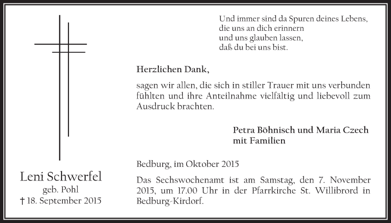  Traueranzeige für Leni Schwerfel vom 28.10.2015 aus  Werbepost 