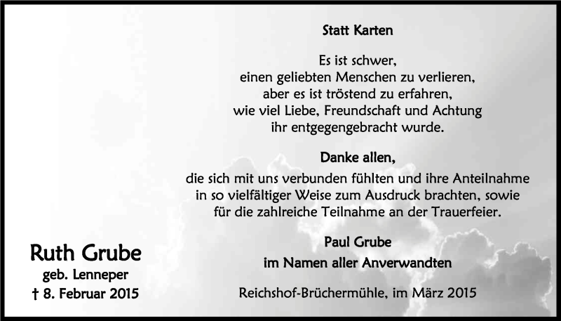  Traueranzeige für Ruth Grube vom 25.03.2015 aus Kölner Stadt-Anzeiger / Kölnische Rundschau / Express