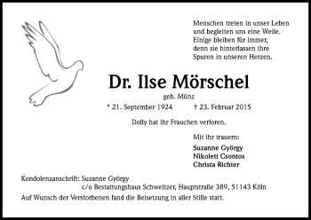 Anzeige von Ilse Mörschel von Kölner Stadt-Anzeiger / Kölnische Rundschau / Express