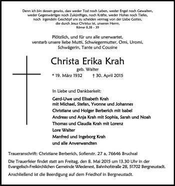 Anzeige von Christa Erika Krah von Kölner Stadt-Anzeiger / Kölnische Rundschau / Express