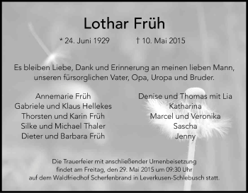 Anzeige von Lothar Früh von Kölner Stadt-Anzeiger / Kölnische Rundschau / Express