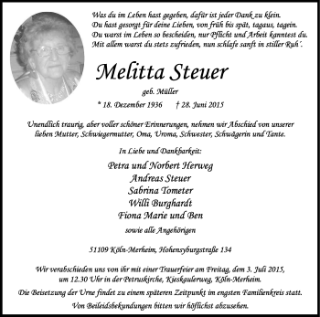 Anzeige von Melitta Steuer von Kölner Stadt-Anzeiger / Kölnische Rundschau / Express