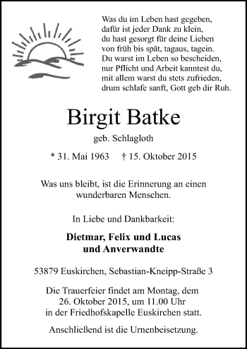 Anzeige von Birgit Batke von  Blickpunkt Euskirchen 
