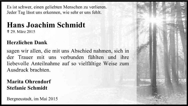 Traueranzeige für Hans Joachim Schmidt vom 06.05.2015 aus Kölner Stadt-Anzeiger / Kölnische Rundschau / Express