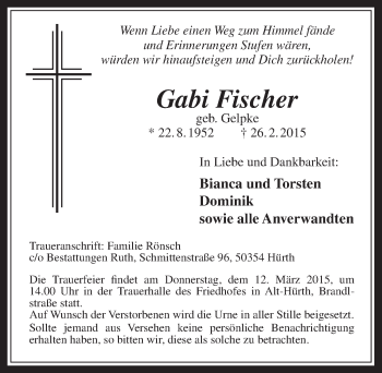 Anzeige von Gabi Fischer von  Wochenende 