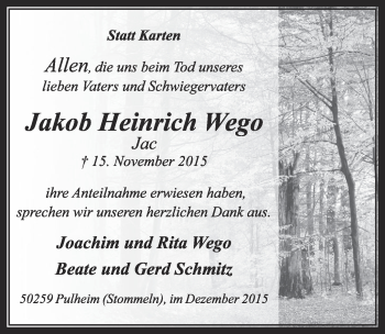 Anzeige von Jakob Heinrich Wego von  Sonntags-Post 