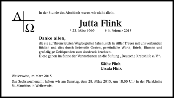 Anzeige von Jutta Flink von Kölner Stadt-Anzeiger / Kölnische Rundschau / Express