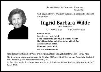 Anzeige von Ingrid Barbara Wilde von Kölner Stadt-Anzeiger / Kölnische Rundschau / Express