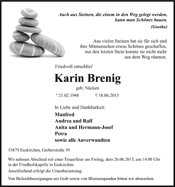 Anzeige von Karin Brenig von Kölner Stadt-Anzeiger / Kölnische Rundschau / Express
