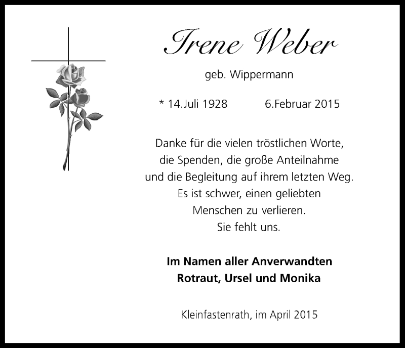  Traueranzeige für Irene Weber vom 22.04.2015 aus Kölner Stadt-Anzeiger / Kölnische Rundschau / Express