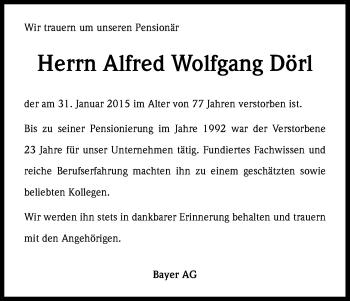 Anzeige von Alfred Wolfgang Dörl von Kölner Stadt-Anzeiger / Kölnische Rundschau / Express