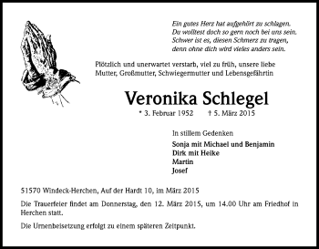 Anzeige von Veronika Schlegel von Kölner Stadt-Anzeiger / Kölnische Rundschau / Express