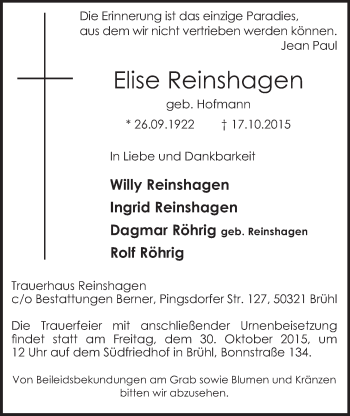 Anzeige von Elise Reinshagen von  Schlossbote/Werbekurier 