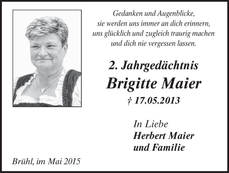  Traueranzeige für Brigitte Dick vom 13.05.2015 aus  Schaufenster/Blickpunkt  Schlossbote/Werbekurier 