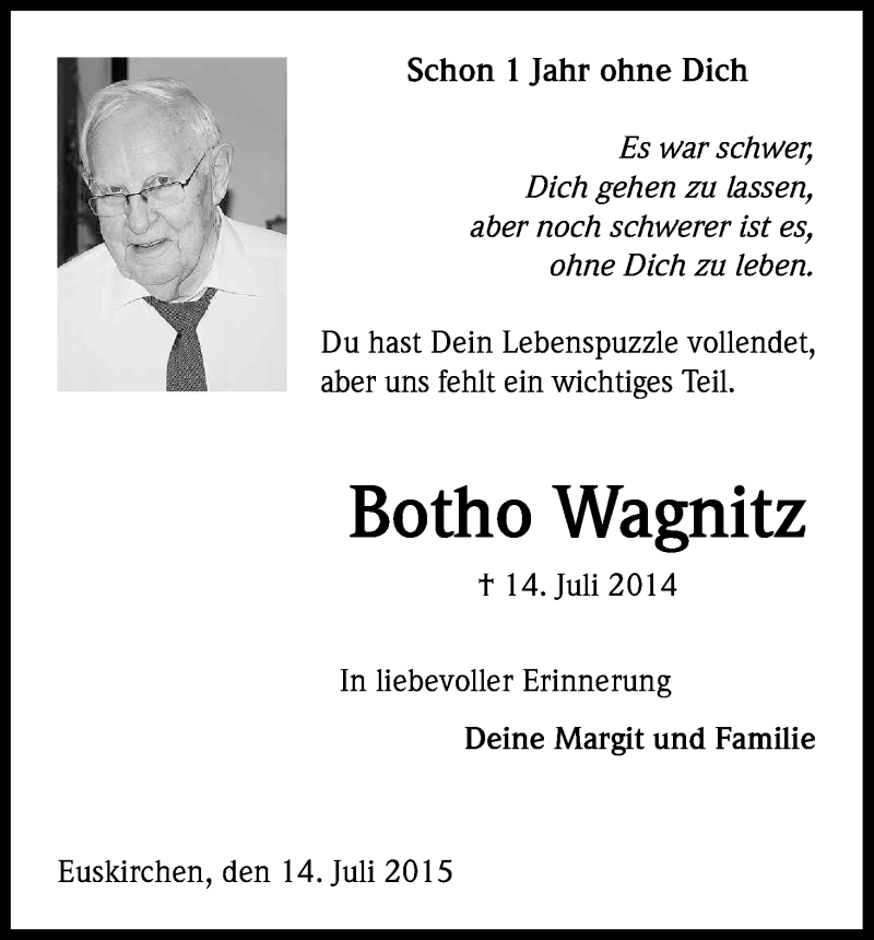  Traueranzeige für Botho Wagnitz vom 14.07.2015 aus Kölner Stadt-Anzeiger / Kölnische Rundschau / Express