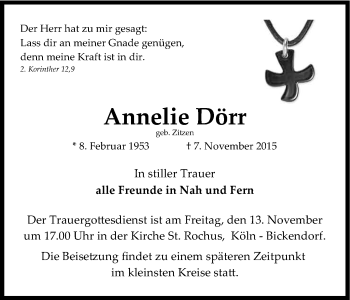 Anzeige von Annelie Dörr von Kölner Stadt-Anzeiger / Kölnische Rundschau / Express