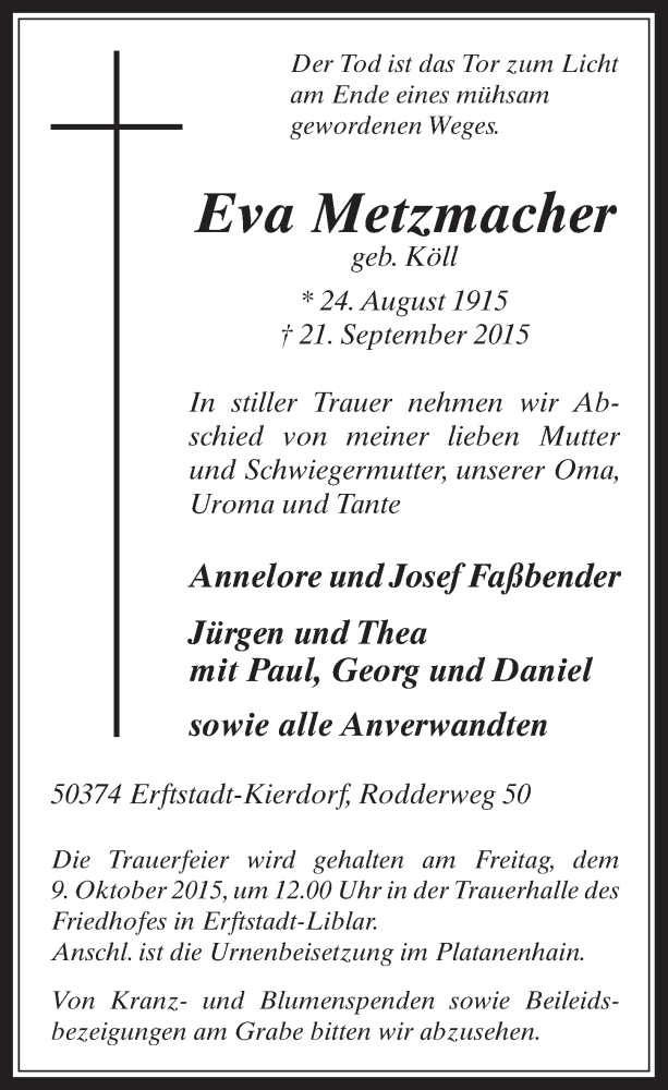  Traueranzeige für Eva Metzmacher vom 07.10.2015 aus  Werbepost 