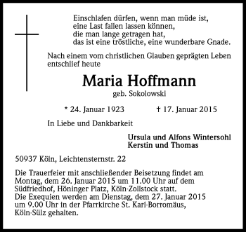 Anzeige von Maria Hoffmann von Kölner Stadt-Anzeiger / Kölnische Rundschau / Express