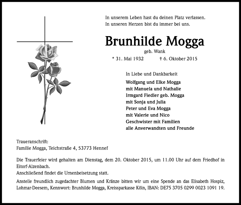  Traueranzeige für Brunhilde Mogga vom 14.10.2015 aus Kölner Stadt-Anzeiger / Kölnische Rundschau / Express