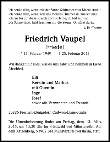 Anzeige von Friedrich Vaupel von Kölner Stadt-Anzeiger / Kölnische Rundschau / Express