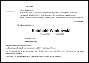 Anzeige von Reinhold Winkowski von Kölner Stadt-Anzeiger / Kölnische Rundschau / Express